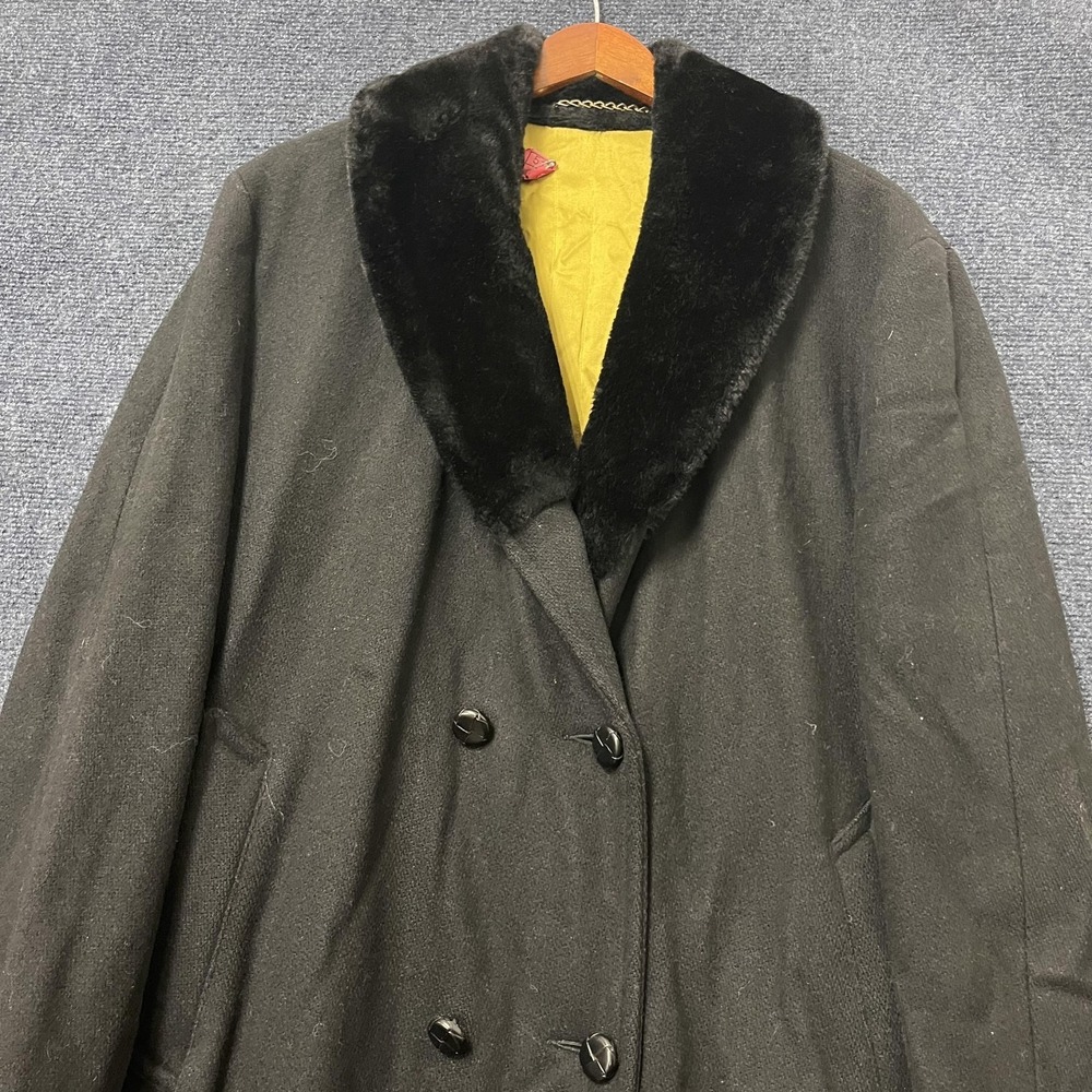 Vintage Mighty Mac Coat Mens Large Black Wool Fur Collar Overcoat Nautical Lined